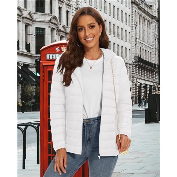 Women's Lightweight Hooded Puffer Jacket: Quilted Padded Coat with 4 Pockets - Picture 6 of 7